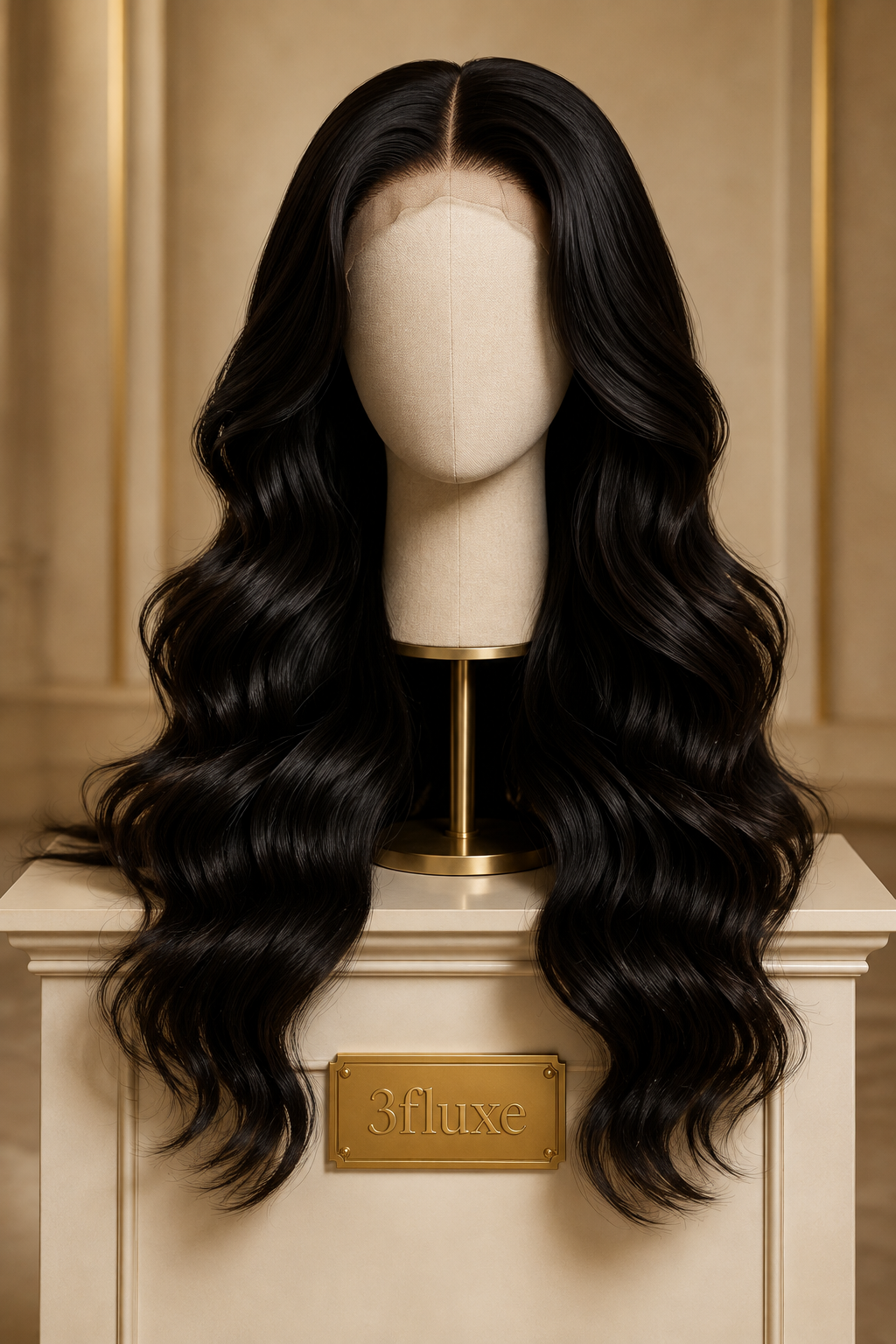 3Fluxe custom glam wave wig on a display stand
